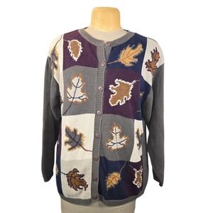 Chrysantheme Woman Leaf Patchwork Cardigan Sweater Grey 14/16 Earthy Art to Wear